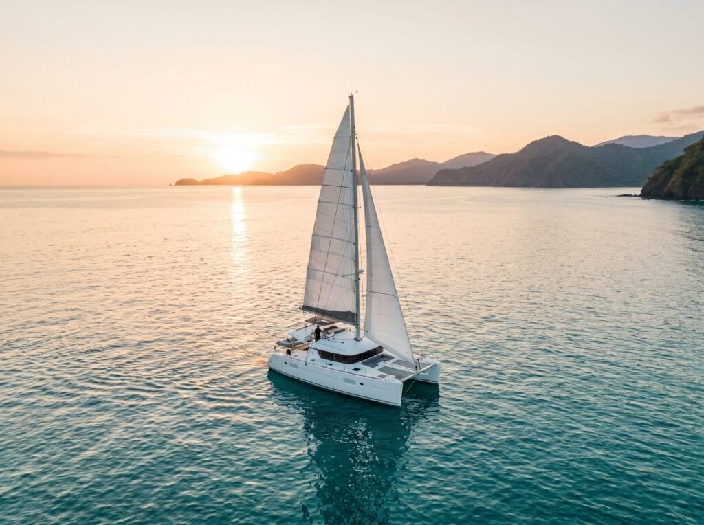 Private catamaran sailing on the Pacific at sunset